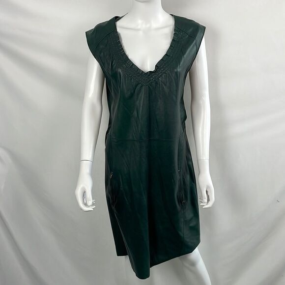 Strenesse Green Leather Pleated Front Dress